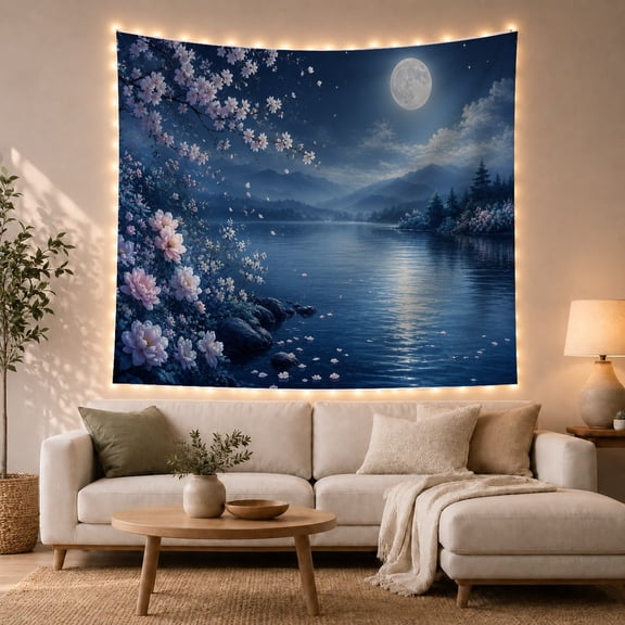 Full Moon Above Blossoms by a Mountain Lake, Dreamy Digital Art for Nature Lovers, Lunar Landscape Decor, Housewarming Gift, Tapestry Wall Hanging for Bedroom and Living Room