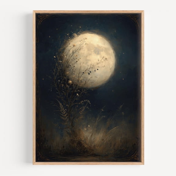 Full Moon Botanical Dark Wildflower Celestial Decor Wall Art