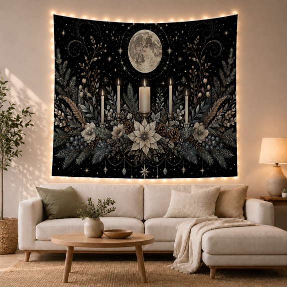 Full Moon with Candles and Pine Branches on Starry Night, Mystical Gothic for Home Decor Lovers, Celestial Wall Art, Housewarming Gift, Tapestry Wall Hanging for Bedroom and Living Room