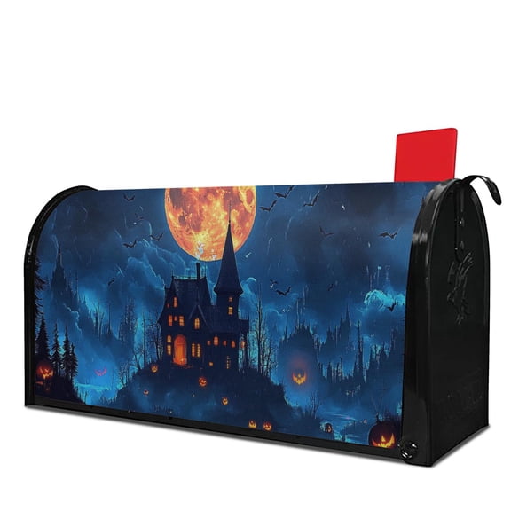 Full Moon Castle Pumpkin Bat Halloween Mailbox Covers,Magnetic 21x25.5 Inch Mailbox Wrap Waterproof Durable Halloween Post Letter Box Covers for Garden Outdoor Decorative