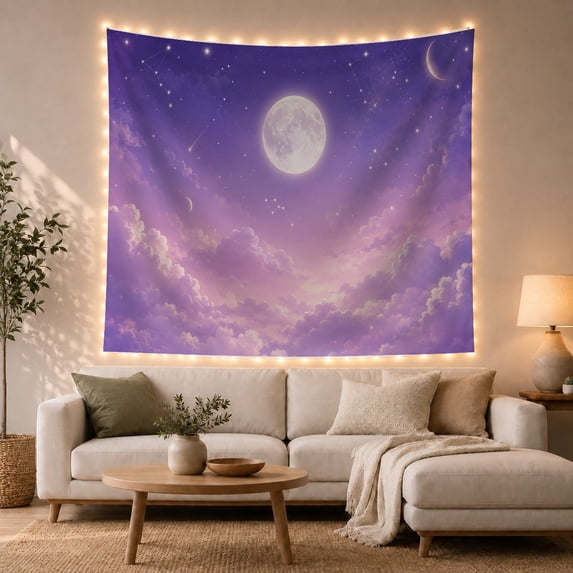 Full Moon and Crescent with Pink Cloud Valley in Purple Night Sky, Dreamy Celestial for Astronomy Fans, Celestial Art Decor, Birthday Gift, Tapestry Wall Hanging for Bedroom and Dorm