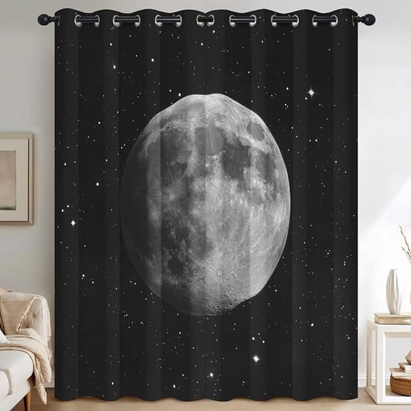 Full Moon Curtains for Living Room, Universe Galaxy Planet Blackout Curtains for Bedroom Decor, Space Starry Sky Grommet Thermal Blackout Window Drapes 26"W x 45"L (Pack of 2)