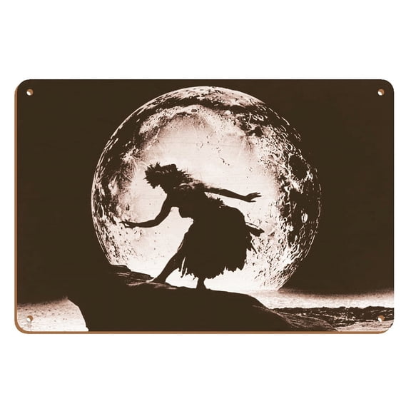 Full Moon Dancer - Hawaiian Hula Dancer Silhouette - Vintage Sepia Toned Photograph by Alan Houghton c.1960s - 8 x 12 inch Vintage Wood Art Sign