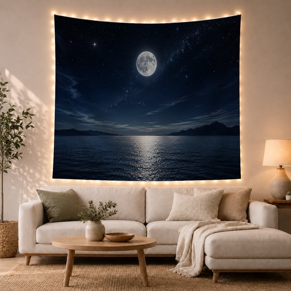 Full Moon Over a Dark Ocean Horizon, Serene Coastal Style for Ocean Lovers, Moonlit Seascape Art, Housewarming Gift, Tapestry Wall Hanging for Bedroom and Living Room