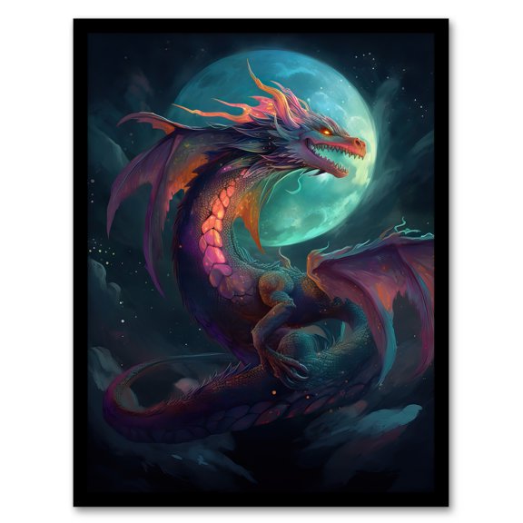 Full Moon Dragon Oil Painting Blue Purple Fantasy Creature Dancing In The Clouds Colourful Magical Nature Mystical Modern Art Print Framed Poster Wall Decor 12x16 inch