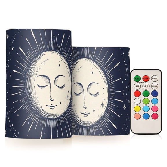 Full Moon Face Stars Flickering Flameless Candles LED Tealight Battery Operated with Remote Set of 2 Holiday Decor Ornaments