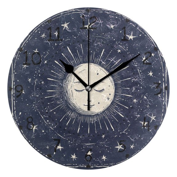 Full Moon Face Stars Round Wall Clock Silent Analog Battery Operated Black Pointer Home Decor 9.84" Diameter