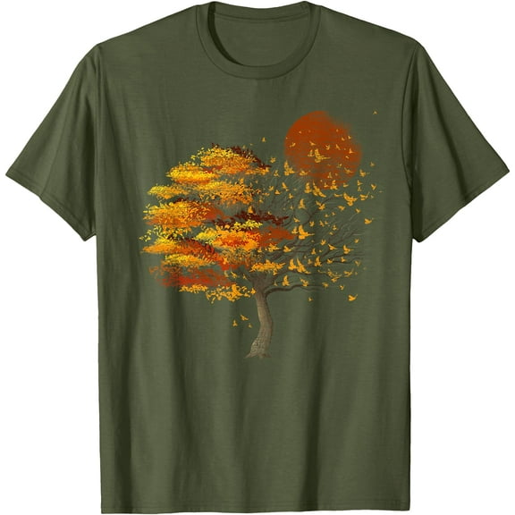Full Moon Flock Of Birds Tree Outdoor Wildlife Nature Forest Unisex T-Shirt for Men Women Kids Toddler,Military Green Color,Size L