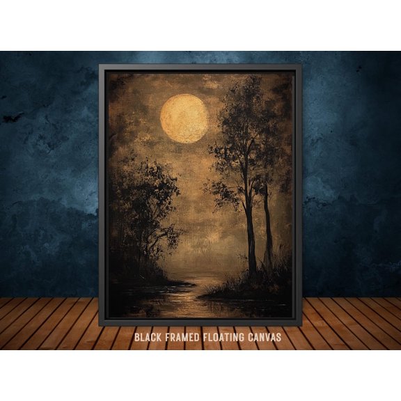 Full Moon Forest Landscape , Moody Sepia Night Wall Decor, Dark Romantic Tree Silhouette, Quiet Nature River Scene Unframed Paper Print
