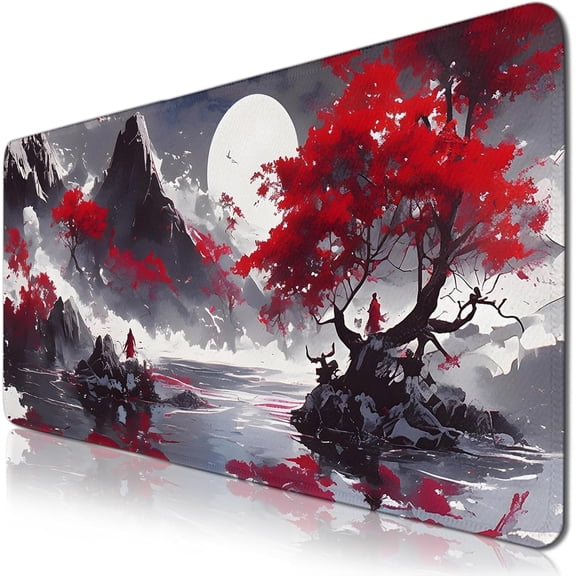 Full Moon Gaming Mouse Pads Large, Oversize Anime Red Maple Leaf Mousepad Non Slip Base Stitched Edge, Extended Gaming Desk Accessories for Keyboard and Mouse Gift for Christmas 15.7”x 35.4” XXL