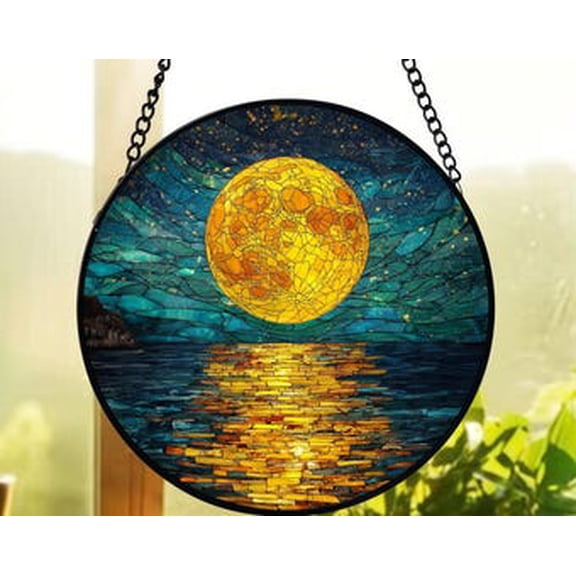 Full Moon Glass Suncatcher, Moon Over Ocean Window Hanging, Celestial Night Seascape Decor, Nature Lover Gift, Suncatcher Window Hanging, 3.5 in