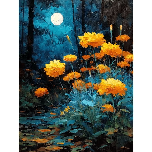 Full Moon Golden Marigold Floral Canvas Art, Rustic Night Botanical Oil Painting Wall Decor