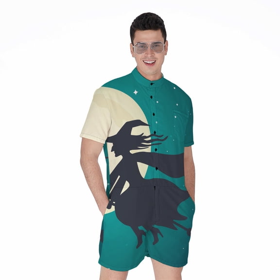 Full Moon Halloween Flying Witch Short Sleeve Men'S Rompers, Halloween Decorative Casual Summer Jumpsuits Outfit