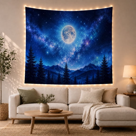 Full Moon Over Indigo Mountain Sky, Peaceful Celestial for Astronomy Fans, Lunar Landscape Art, Housewarming Gift, Tapestry Wall Hanging for Bedroom and Living Room