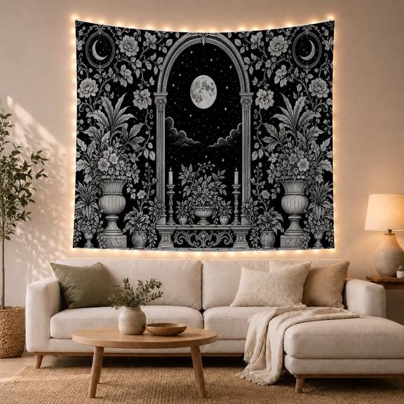 Floral Moon and Celestial Pattern Tapestry