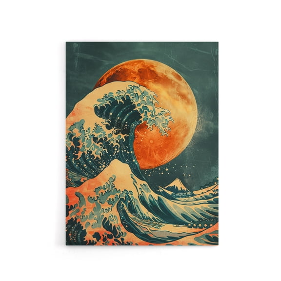Full Moon Japanese Great Wave Canvas Wall Art Print 12X16"