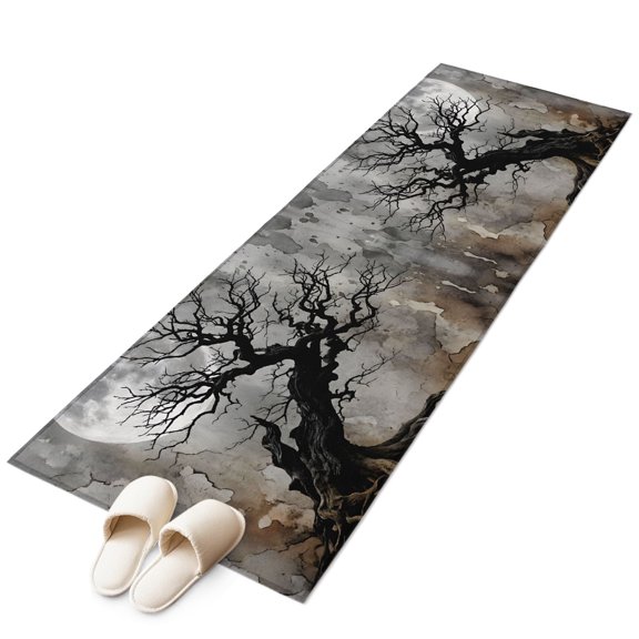 Full Moon Kitchen Runner Rug 2x6 Washable Runners for Hallway Non Slip Vintage Horror Tree Branches Ombre Grey Large Area Rug Indoor Floor Carpet for Bathroom Laundry Entryway Bedroom Living Room