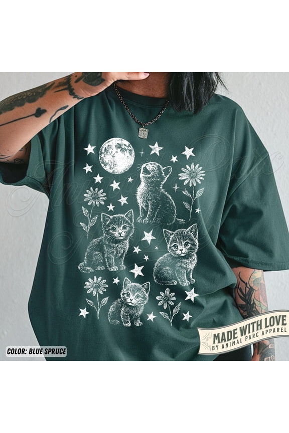 Full Moon Kittens T-Shirt, Vintage Stars & Cats Graphic Tee, Whimsical Celestial Kitty Lovers Her, Cute Floral Night Sky Cat Shirt All Size S-5XL