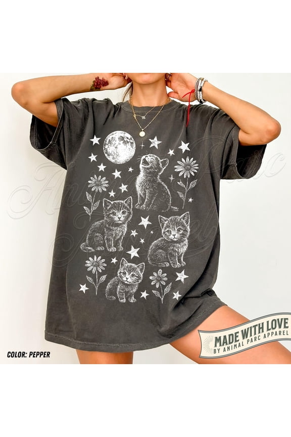 Full Moon Kittens T-Shirt, Whimsical Celestial Kitty Lovers Gift, Floral Night Sky Cat Shirt, Unisex Cotton T-Shirt, Sizes S-3XL