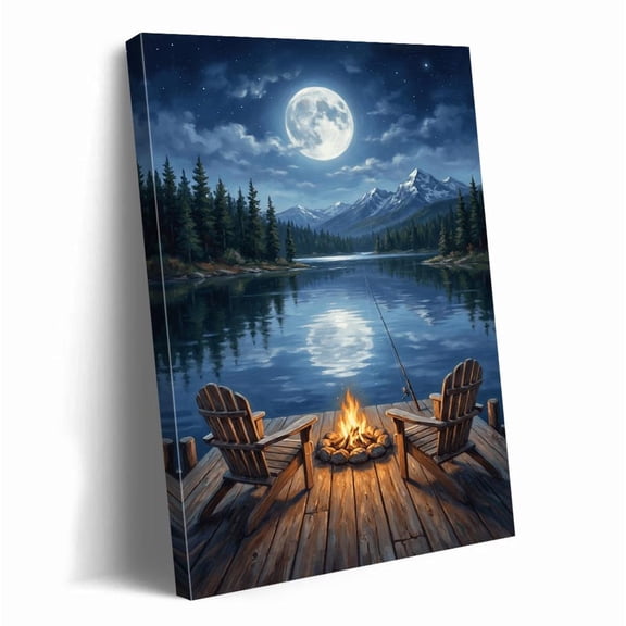 Full Moon Lake House Wall Art Mountain Landscape Art Cozy Campfire On Dock Fishing Print Rustic Cabin Decor Night Scene Living, Unframed Paper Print