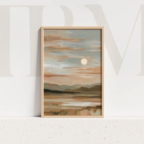 Full Moon Landscape Art Print Rich Earth Tones Autumn Sunset With Mountains And Fields Home Decor #555, Unframed Canvas Size 8x12