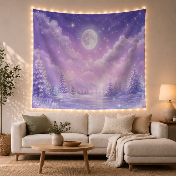 Full Moon in Lavender Sky Over Snowy Forest and Frozen Lake, Dreamy Celestial for Night Sky Lovers, Mystical Wall Art Decor, Housewarming Gift, Tapestry Wall Hanging for Bedroom and Living Room