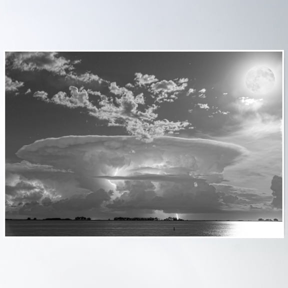 Full Moon Lightning Storm In Black And White Poster Wall Art, Modern Wall Decor, 12x18 UNFRAMED