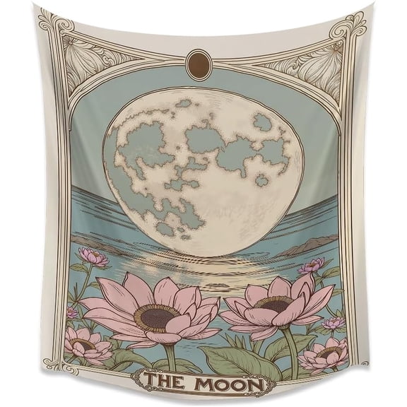 Full Moon Lotus Tarot Artwork Tapestry Mystical Art Meditation Print Tapestries Vintage Boho Celestial Floral Aesthetic Wall Hanging for Bedroom Dorm Living Room Wall Decorwhite30x40inch