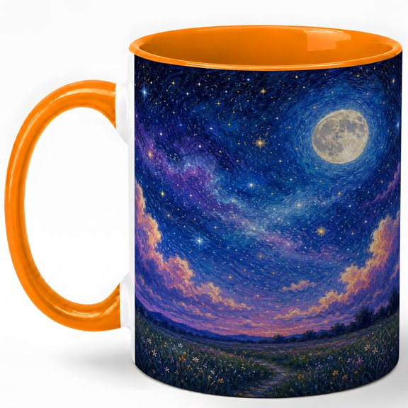 Full Moon Meadow 11oz Ceramic Mug, Starry Night Landscape Art