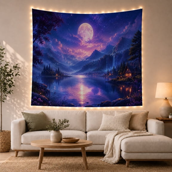 Full Moon Above Misty Lavender Mountain Lake, Serene Celestial Style for Nature Lovers, Lake Wall Decor Housewarming Gift, Tapestry Wall Hanging for Bedroom and Dorm