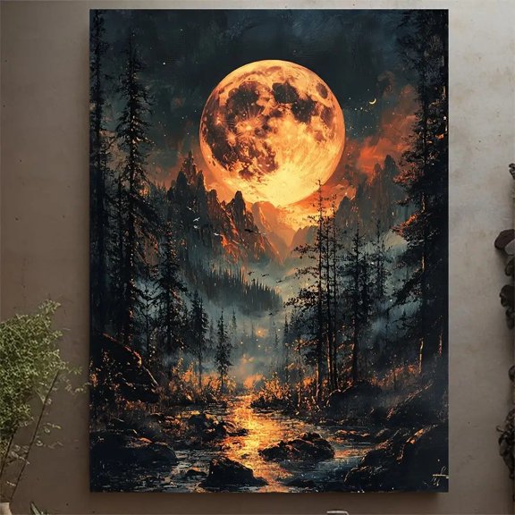 Full Moon Mountain Forest Stream Wall Art Print, Moody Night Decor
