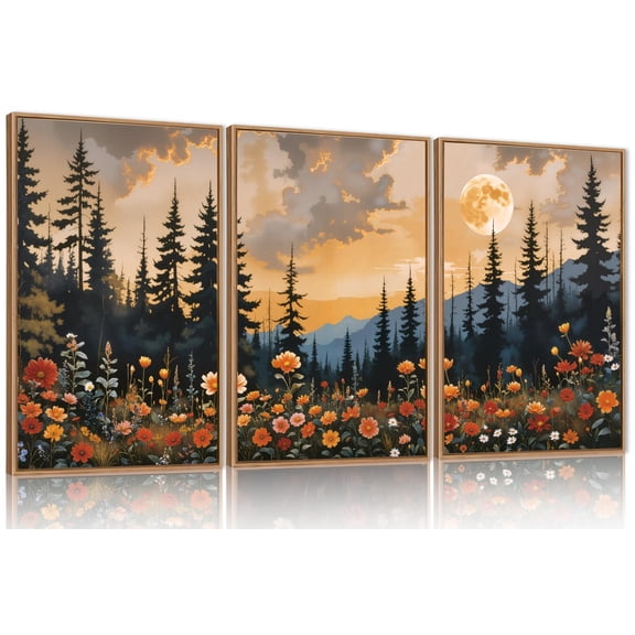 Full Moon Mountain Forest Wall Art Prints, Boho Sunset Floral Decor, Set Of 3