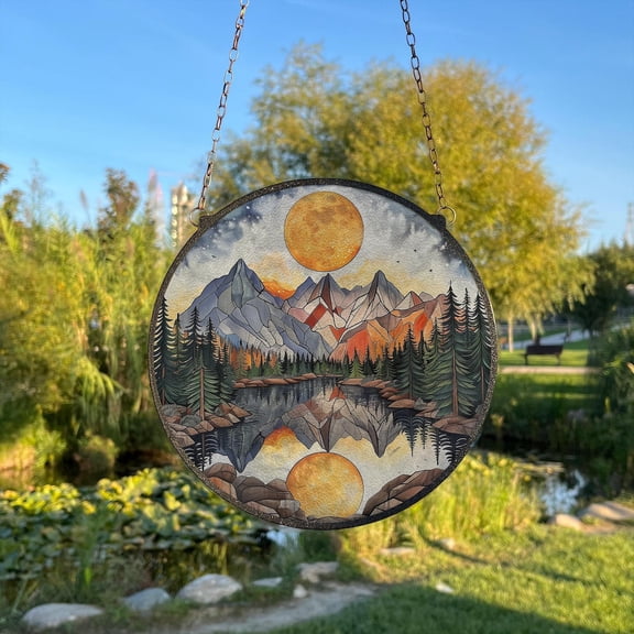 Full Moon Mountain Glass Suncatcher, Night Sky Window Hanging, Nature Lover Home Decor, 3.5 in