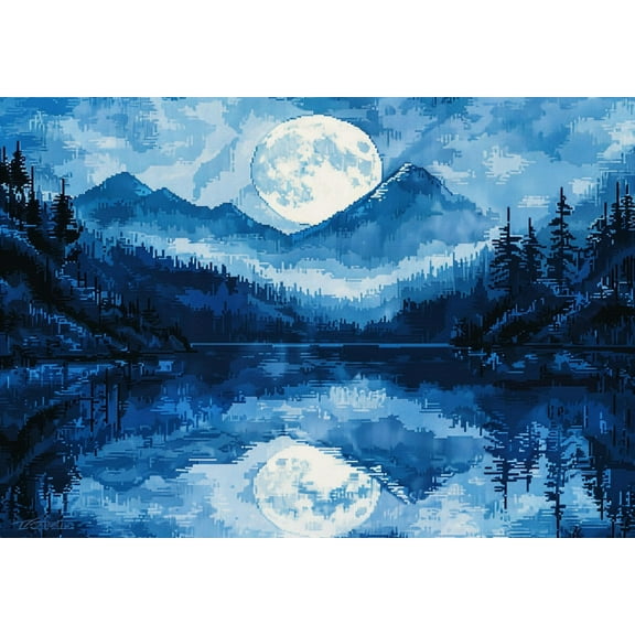 Full Moon Over Mountain Lake DIY 11CT Stamped Cross Stitch Kits for Beginners Easy Needlepoint Embroidery Counted Cross Stitch Art Craft for Wall Decoration 12x16inch(1)