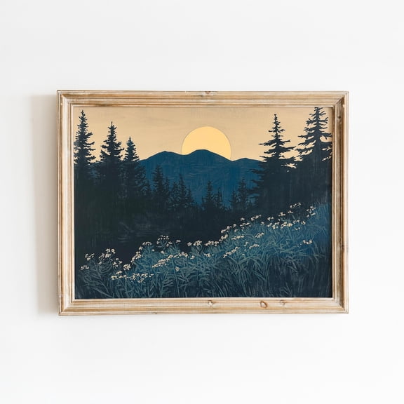 Full Moon Mountain Pine Forest Night Landscape Dark Nature Poster