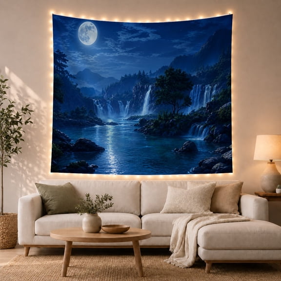 Full Moon Above Mountain Waterfalls with Blue River and Forested Cliffs, Serene Celestial for Nature Lovers, Wall Art Decor, Housewarming Gift, Tapestry Wall Hanging for Bedroom and Living Room