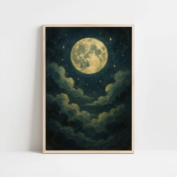 Full Moon Night Sky Celestial Cloudscape Art, Unframed Canvas Size 12x18