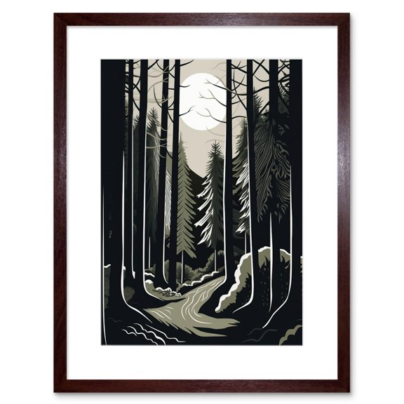 Full Moon Night at Pine Forest Landscape Linocut Artwork Framed Wall Art Print 9X7 Inch