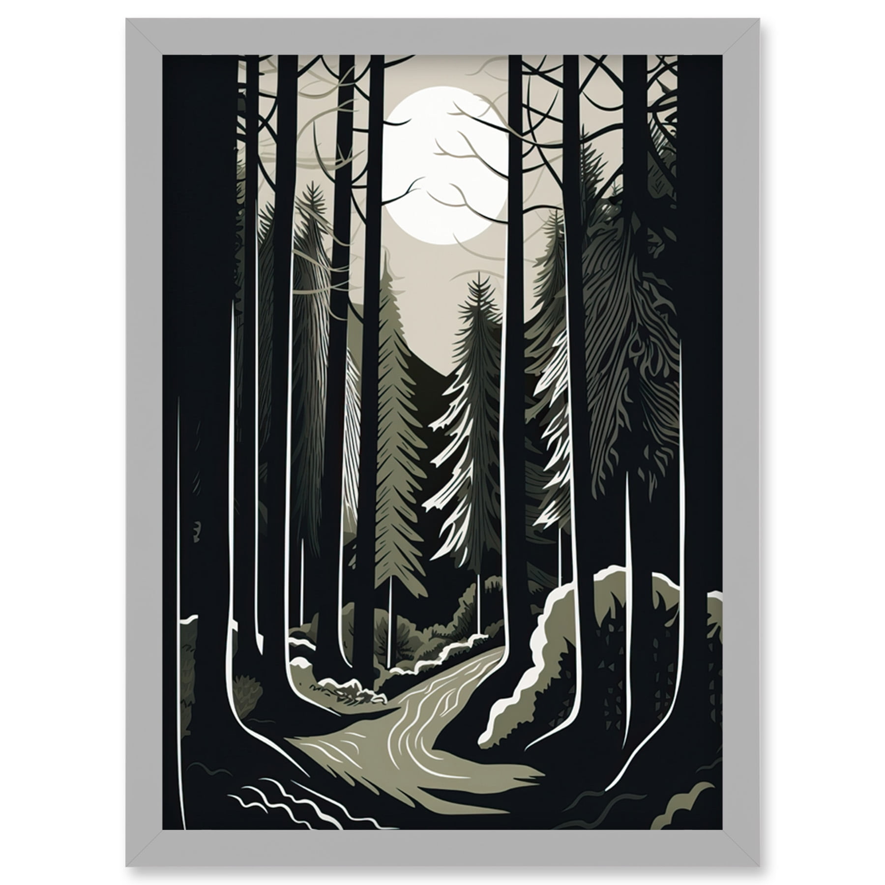 Forest Mountain Landscape Black and White Linocut Artwork Framed