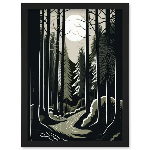 Full Moon Night at Pine Forest Landscape Linocut Artwork Framed Wall Art Print A4