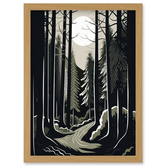 Full Moon Night at Pine Forest Landscape Linocut Artwork Framed Wall Art Print A4