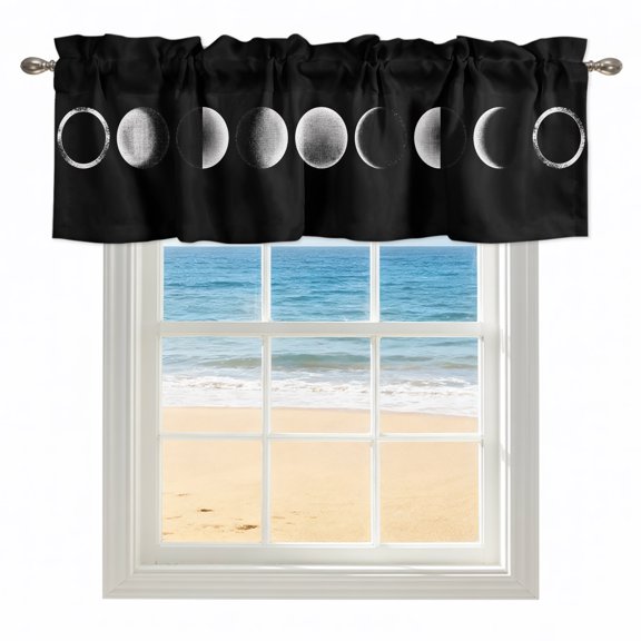 Full Moon Orb Valances for Windows, Rod Pocket Kitchen Valance Curtains - Soft & Washable Small Window Treatment for Living Room, Bathroom, Pitch Black Sky Midnight 42x12inch, 1 Panel