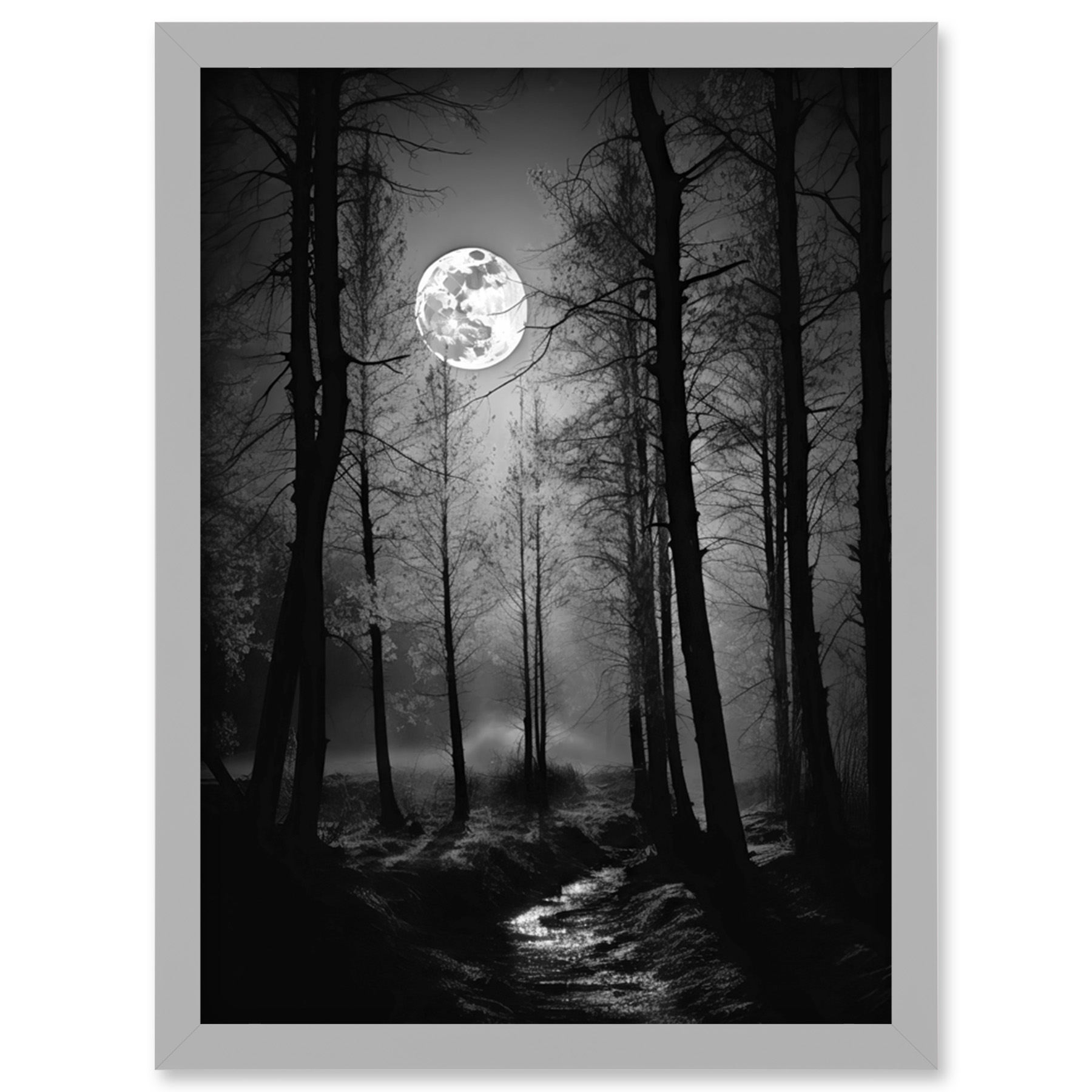 Full Moon Over Misty Forest Black and White Photo Artwork Framed Wall ...