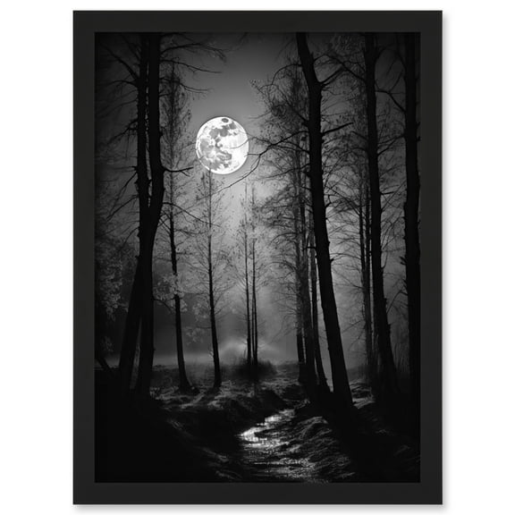 Full Moon Over Misty Forest Black and White Photo Artwork Framed Wall Art Print A4