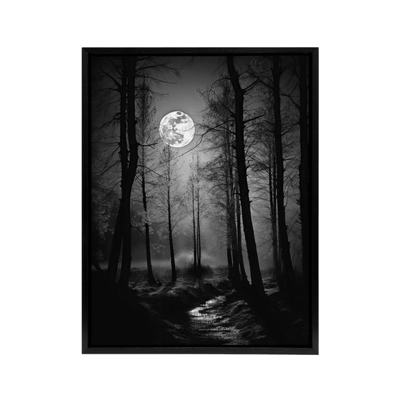Full Moon Over Misty Forest Landscape Black Framed Canvas Wall Art Print 12X16"