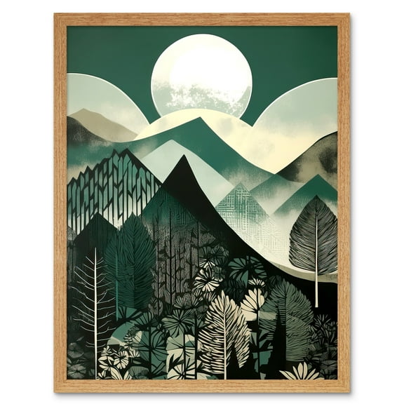 Full Moon Over Mountain Forest Linocut Mid Century Sage Green Moonlit Landscape Art Print Framed Poster Wall Decor 12x16 inch