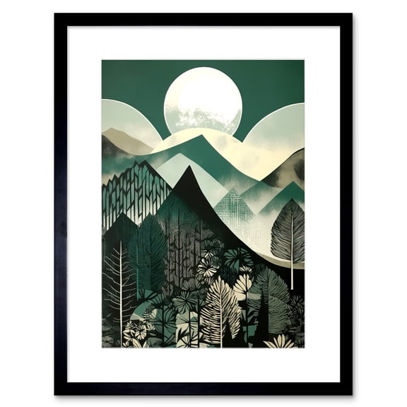 Full Moon Over Mountain Forest Linocut Mid Century Sage Green Moonlit Landscape Artwork Framed Wall Art Print 9X7 Inch
