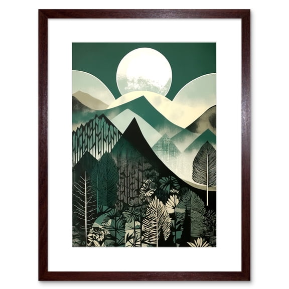 Full Moon Over Mountain Forest Linocut Mid Century Sage Green Moonlit Landscape Artwork Framed Wall Art Print 9X7 Inch