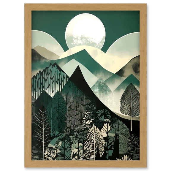 Full Moon Over Mountain Forest Linocut Mid Century Sage Green Moonlit Landscape Artwork Framed Wall Art Print A4