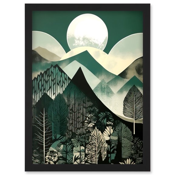 Full Moon Over Mountain Forest Linocut Mid Century Sage Green Moonlit Landscape Artwork Framed Wall Art Print A4
